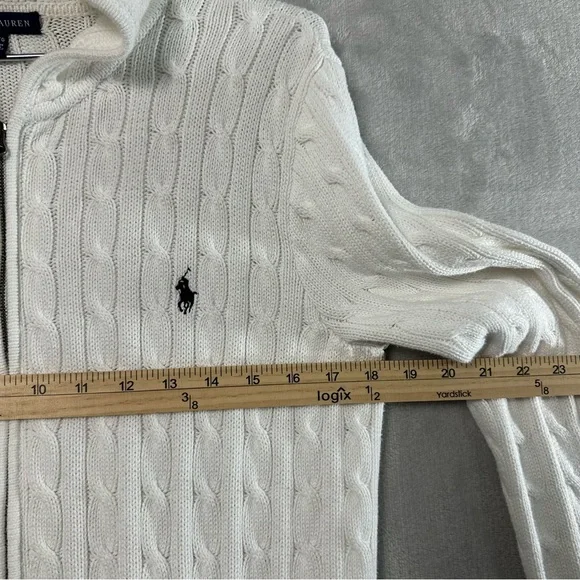 Vtg Ralph Lauren Cable Knit Full Zip Hoodie Sweater Womens XL White Preppy READ - Picture 6 of 13